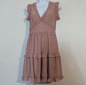 Coquette Boho Feminine Ruffled Mauve Pink Tiered Mini Dress Cute Flowy Soft Girl